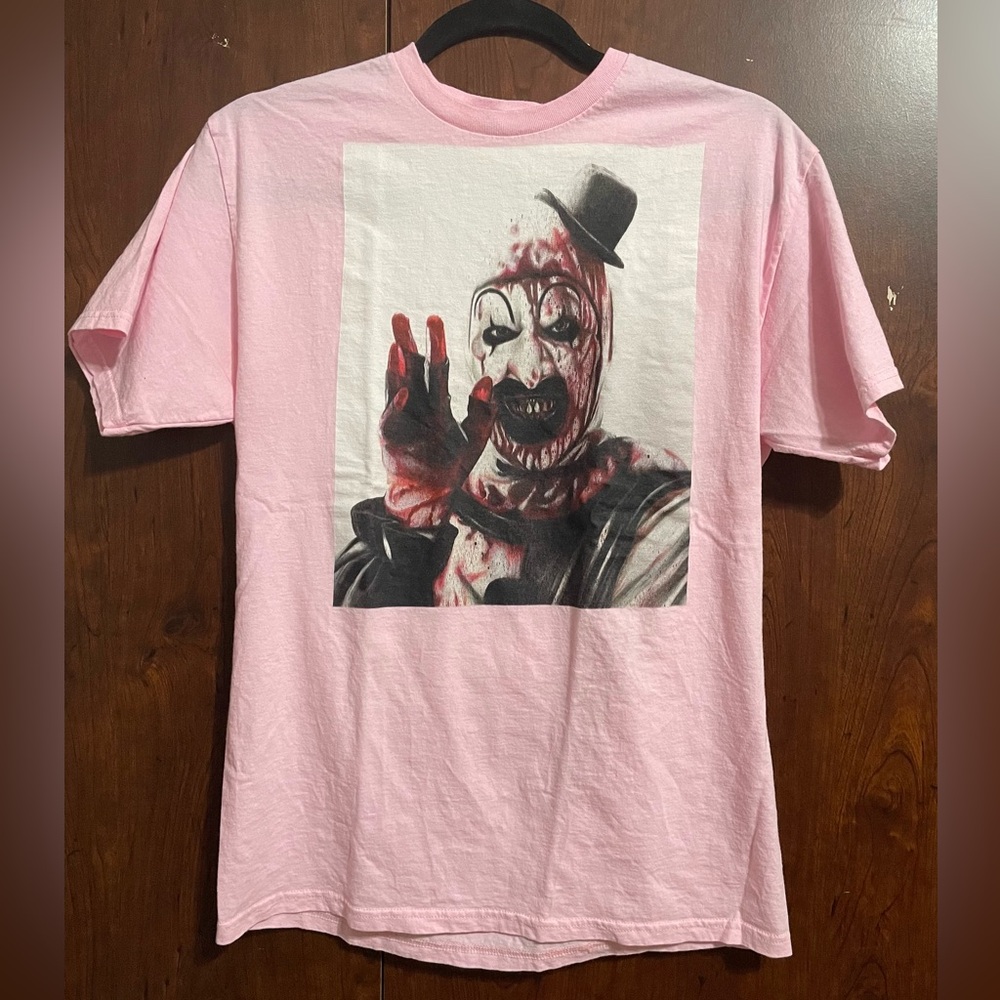 “Art The Clown” Pink Graphic T-Shirt with Creepy Clown Design